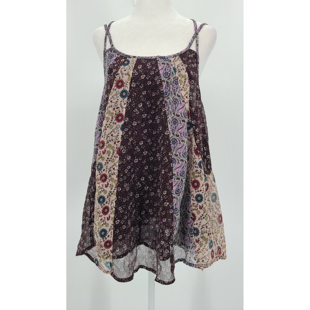 Y2K Vtg Patchwork Dark Fairy Tank Top L  Indie Ditzy Floral Flowy Sheer Layered